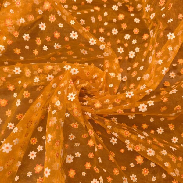 Tessuto Organza a fantasia motivo floreale arancione - bianco