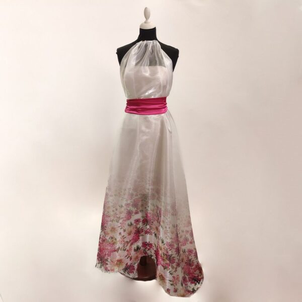 Tessuto Organza a fantasia motivo floreale fucsia - bianco