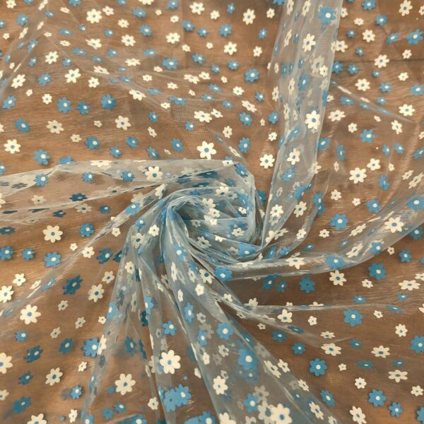 Tessuto Organza a fantasia motivo floreale turchese - bianco