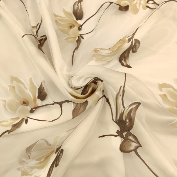 Tessuto Organza a fantasia motivo floreale bianco - tortora - marrone