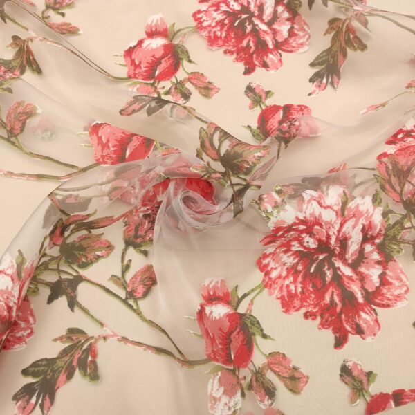 Tessuto Organza a fantasia motivo floreale corallo - bianco - tortora
