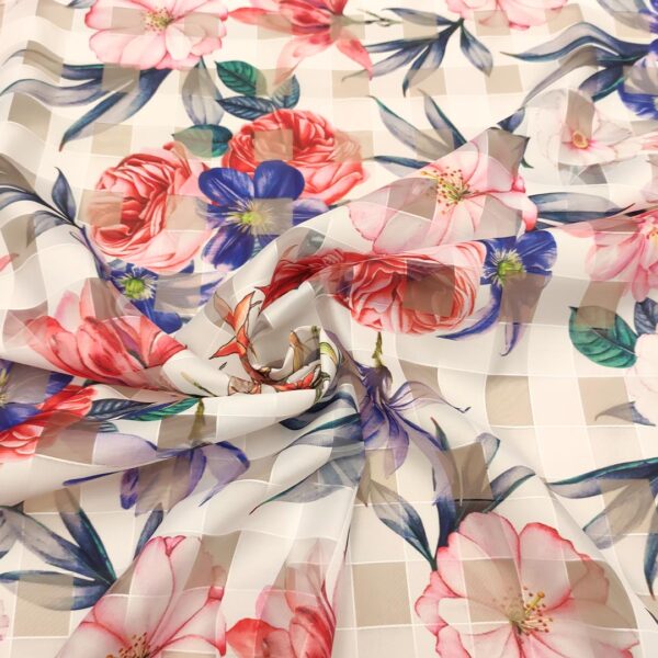 Tessuto Organza a fantasia motivo floreale indaco - corallo - bianco