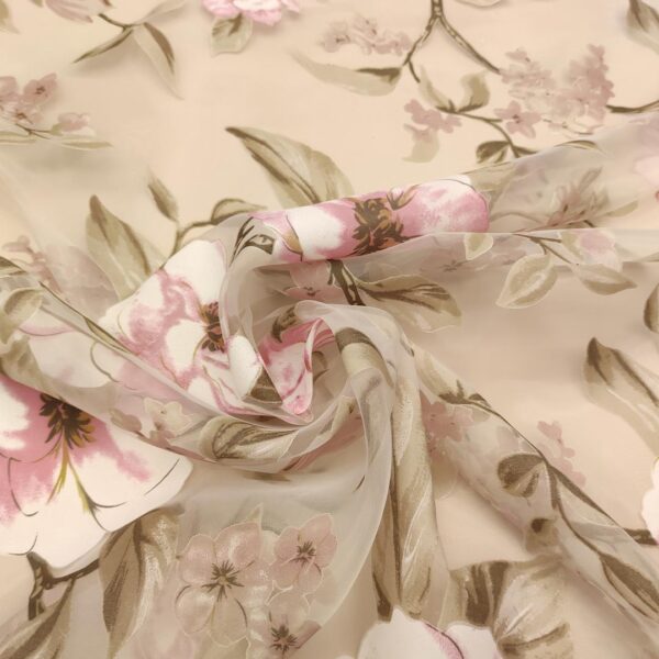 Tessuto Organza a fantasia motivo floreale rosa antico - beige - bianco
