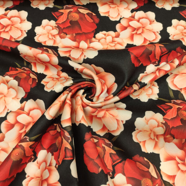 Tessuto per cappotto  Panno a fantasia motivo floreale nero - rosso