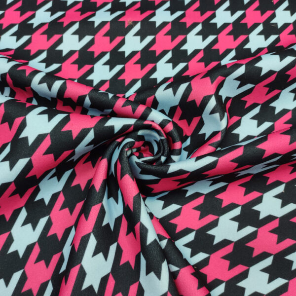 Tessuto per cappotto  Panno a fantasia motivo pied de poule nero - fucsia
