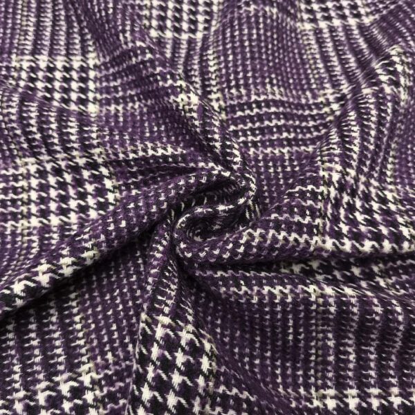 Tessuto per cappotto motivo quadri viola - nero - panna
