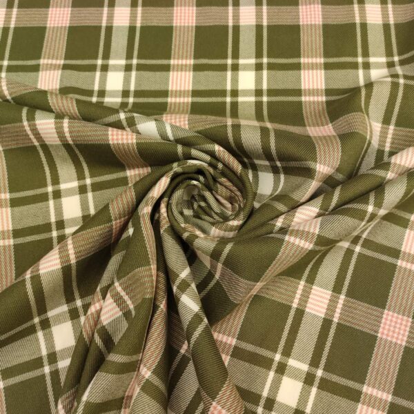 Tessuto pettinato motivo quadri verde militare - rosa salmone - bianco