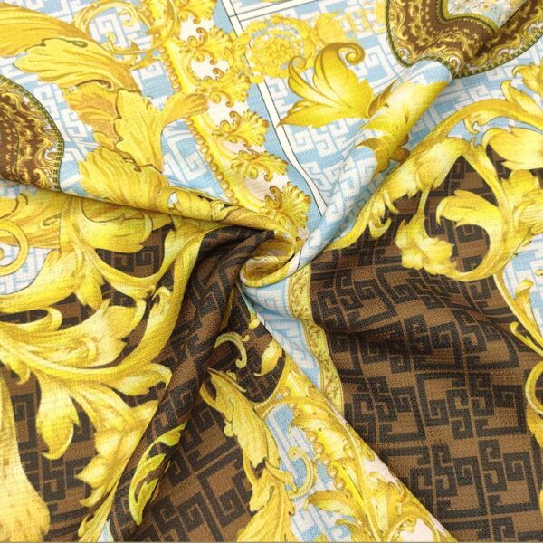 Tessuto Piquet di cotone a fantasia motivo floreale barocco celeste - oro - marrone