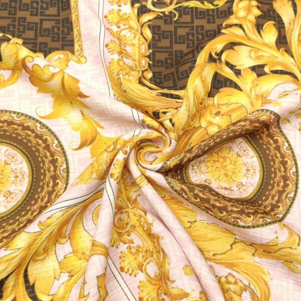 Tessuto Piquet di cotone a fantasia motivo floreale barocco rosa - oro - marrone