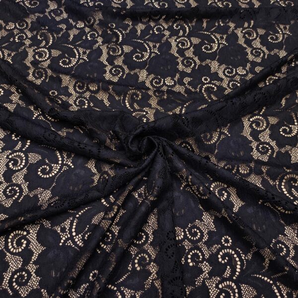Tessuto pizzo elasticizzato doppio smerlo motivo floreale blu notte