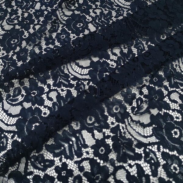 Tessuto pizzo elasticizzato motivo floreale blu notte
