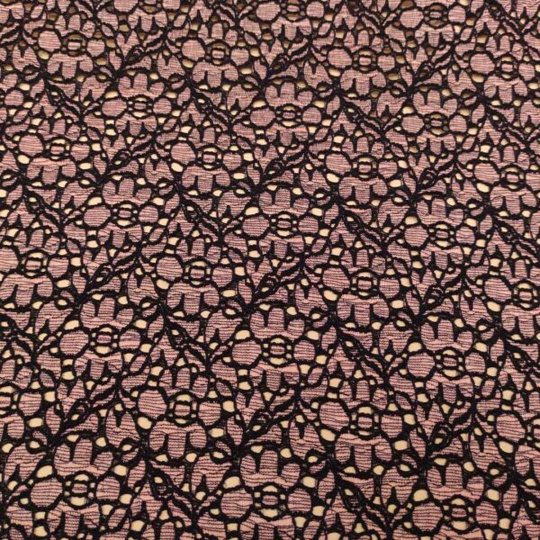 Tessuto pizzo elasticizzato motivo floreale rosa - nero