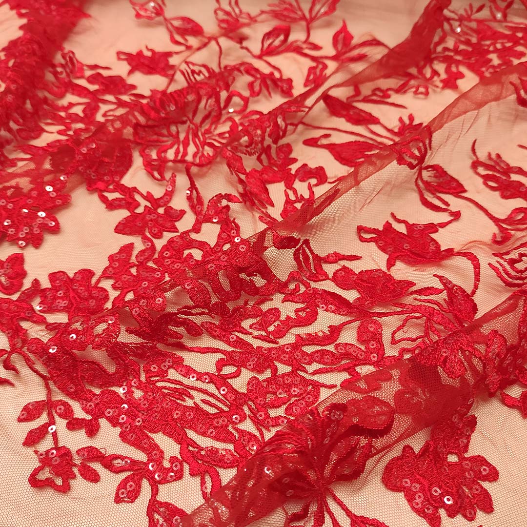 Tessuto Tulle Elasticizzato Ricamato con paillettes motivo frange acquamarina boreale - Iaia Tessuti