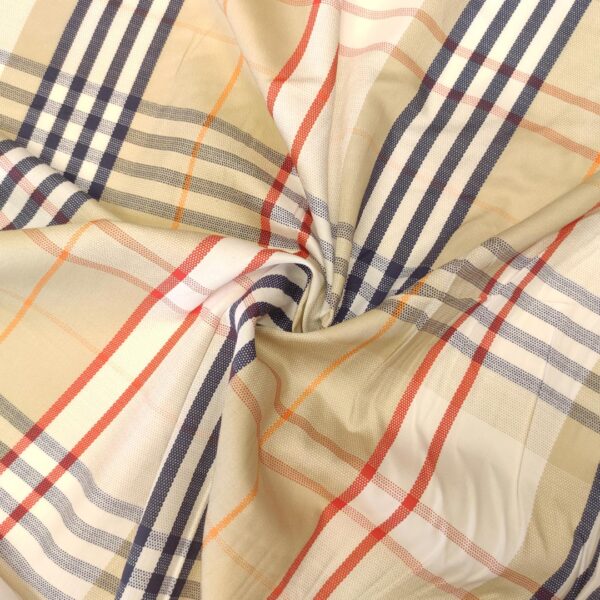 Tessuto Popeline di cotone a fantasia motivo quadri blu - rosso - beige