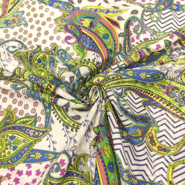 Tessuto Popeline di Cotone a fantasia motivo floreale cashmere verde - blu elettrico - vinaccio