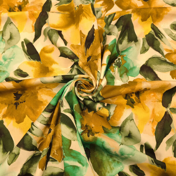 Tessuto Popeline di cotone elasticizzato a fantasia motivo floreale panna - giallo - verde