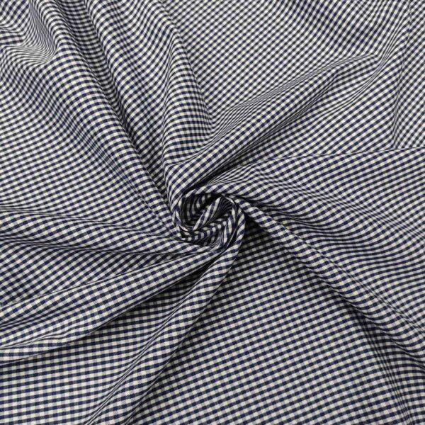 Tessuto Popeline di cotone elasticizzato a fantasia motivo quadretti bianco - blu