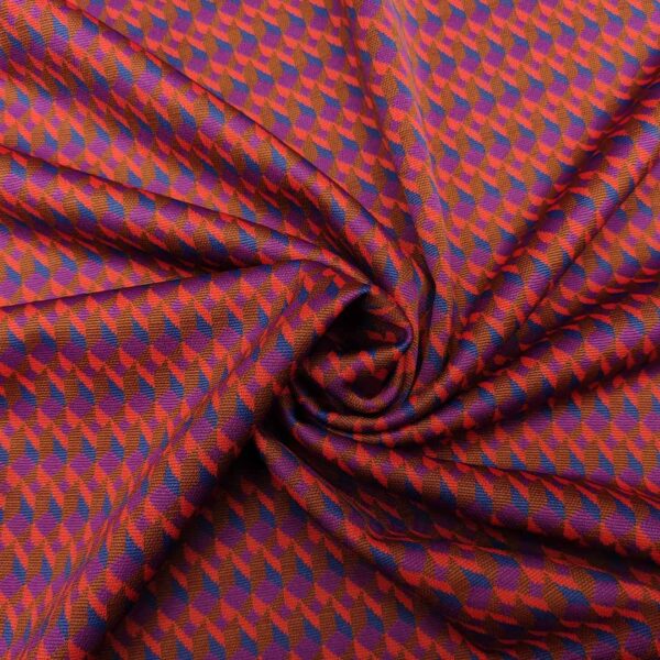 Tessuto Punto Milano a fantasia motivo geometrico arancione - viola - blu