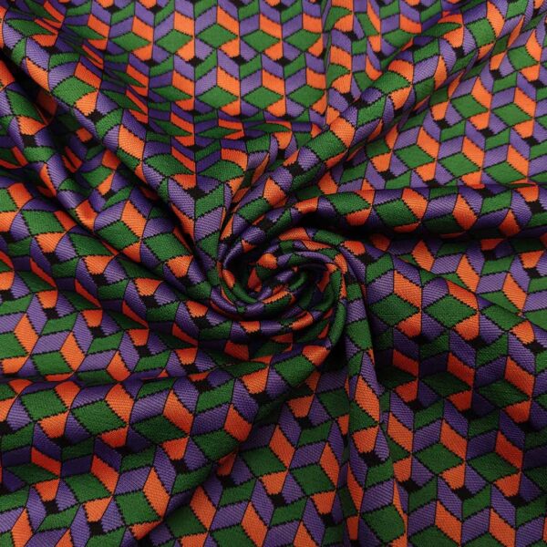 Tessuto Punto Milano a fantasia motivo geometrico viola - arancione - verde