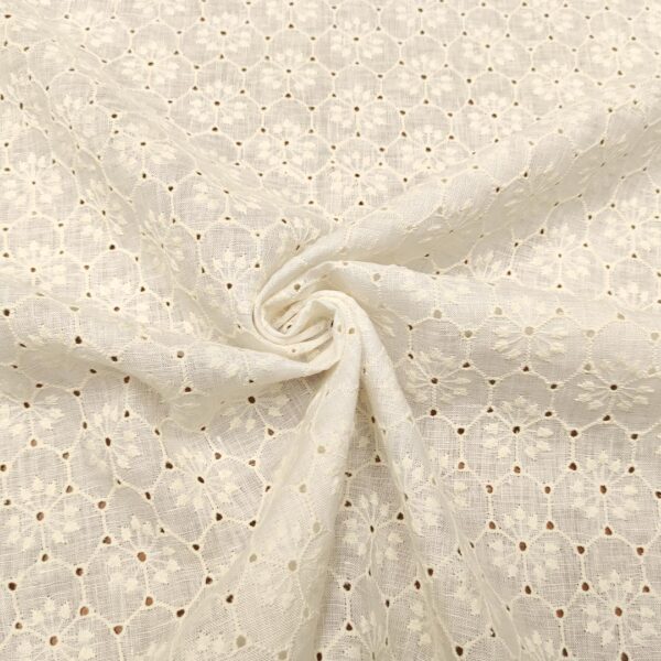 Tessuto Puro Lino ricamato motivo floreale bianco seta - panna