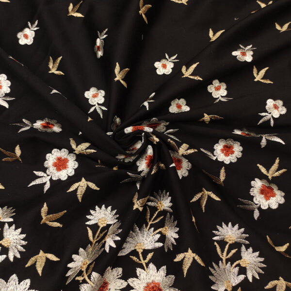 Tessuto Cotone Ricamato motivo floreale nero - beige - coccio