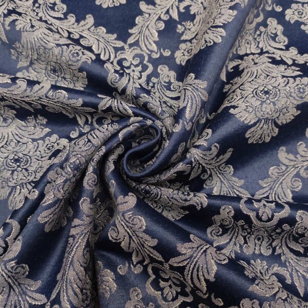 Tessuto raso damascato a fantasia motivo floreal blu - beige
