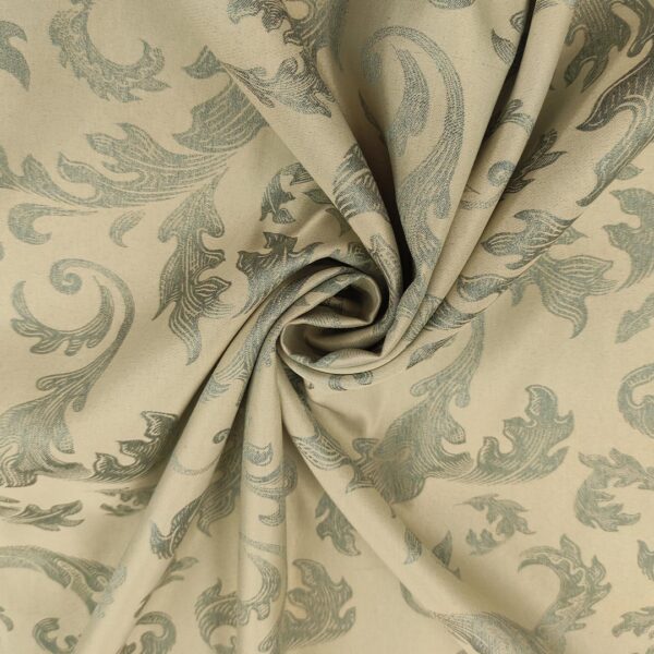 Tessuto Raso damascato per arredo motivo floreale barocco acquamarina - grigio