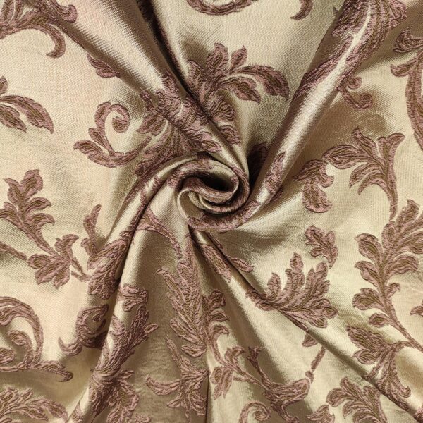 Tessuto Raso damascato per arredo motivo floreale barocco rosa antico - bronzo
