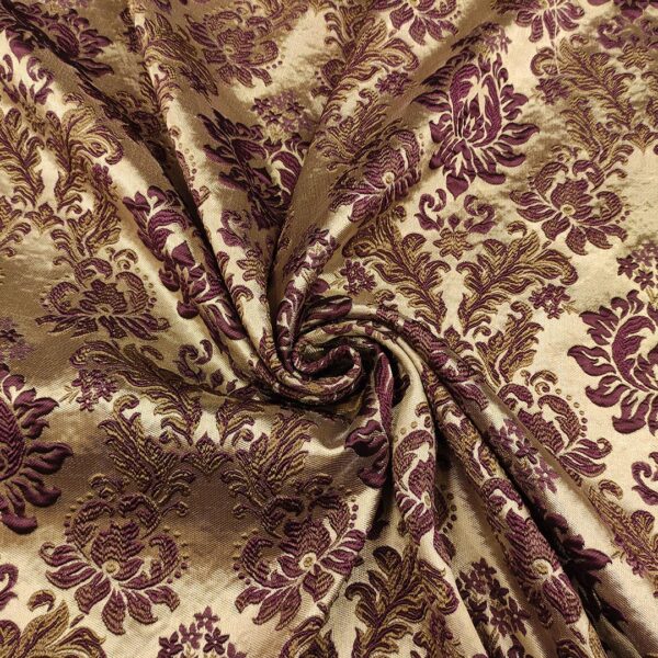 Tessuto Raso damascato per arredo motivo floreale cashmere vinaccio - bronzo - tortora