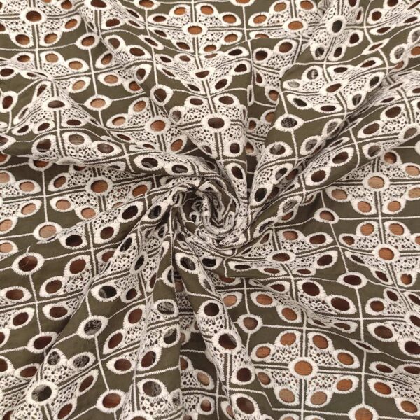 Tessuto Sangallo in tinta unita verde militare - bianco