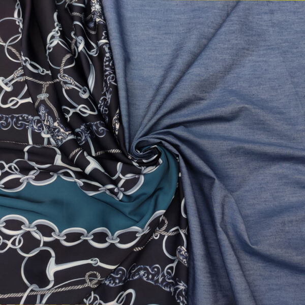 Tessuto Satin a fantasia abbinato a tessuto Jeans Chambray