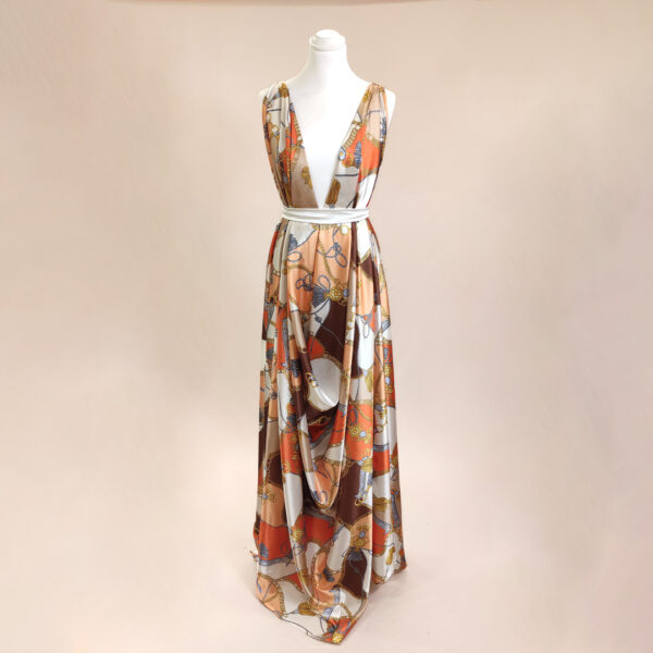 Tessuto Satin a fantasia motivo astratto arancione - marrone - beige