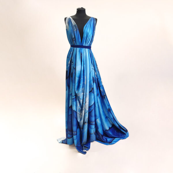 Tessuto Satin a fantasia motivo astratto azzurro - blu elettrico