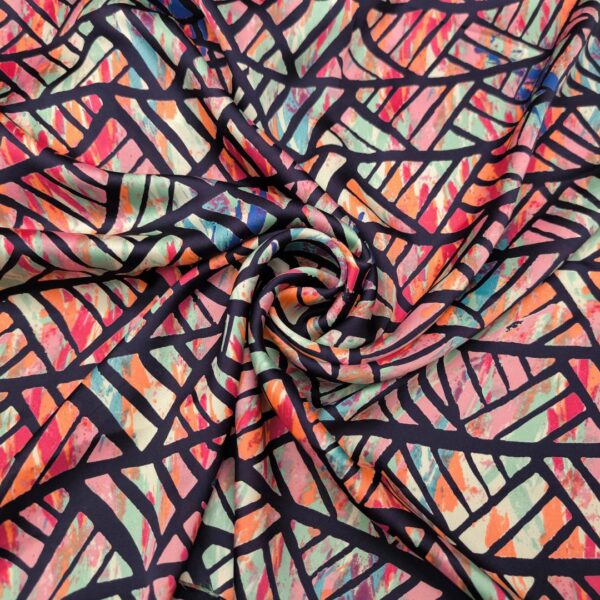 Tessuto Satin a fantasia motivo astratto blu - corallo - acquamarina