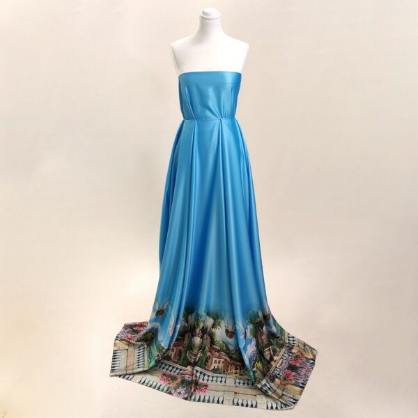 Tessuto Satin a fantasia motivo astratto acquamarina - celeste - beige - rosa