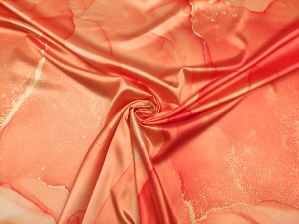 Tessuto Satin a fantasia motivo astratto corallo - bianco
