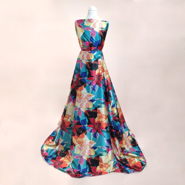 Tessuto Satin a fantasia motivo floreale azzurro - rosso - arancione