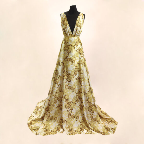 Tessuto Satin a fantasia motivo floreale barocco bianco - giallo - oro