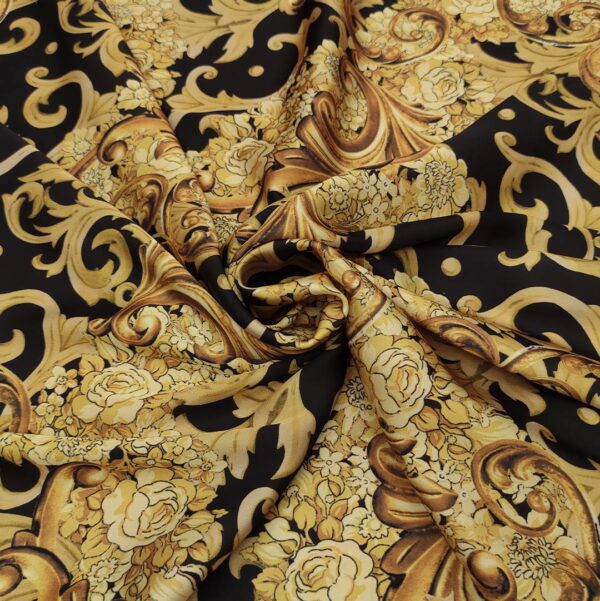 Tessuto Satin a fantasia motivo floreale barocco nero - oro