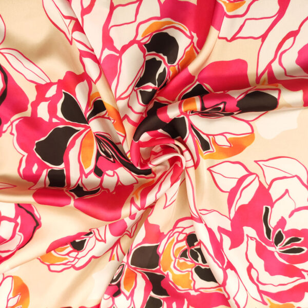 Tessuto Satin a fantasia motivo floreale nero - beige - fucsia