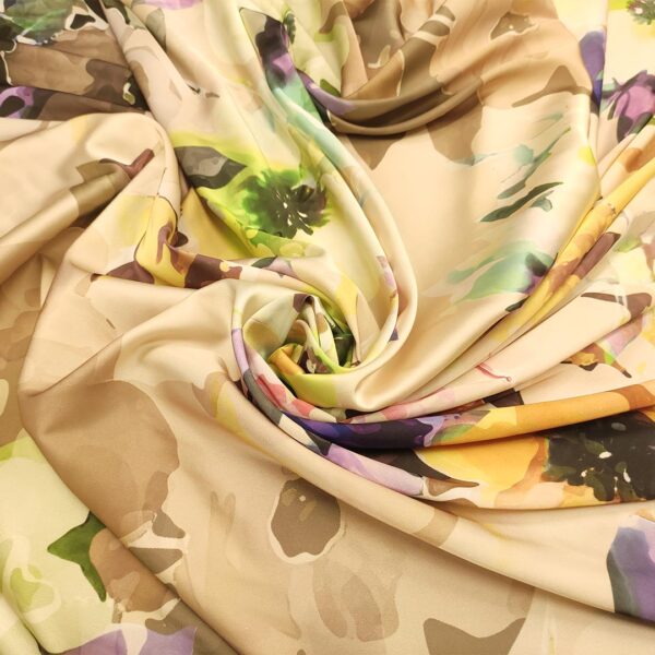 Tessuto Satin a fantasia motivo floreale beige - verde acido - viola