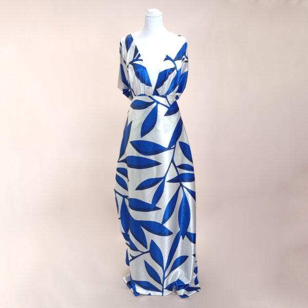 Tessuto Satin a fantasia motivo floreale bianco - blu elettrico