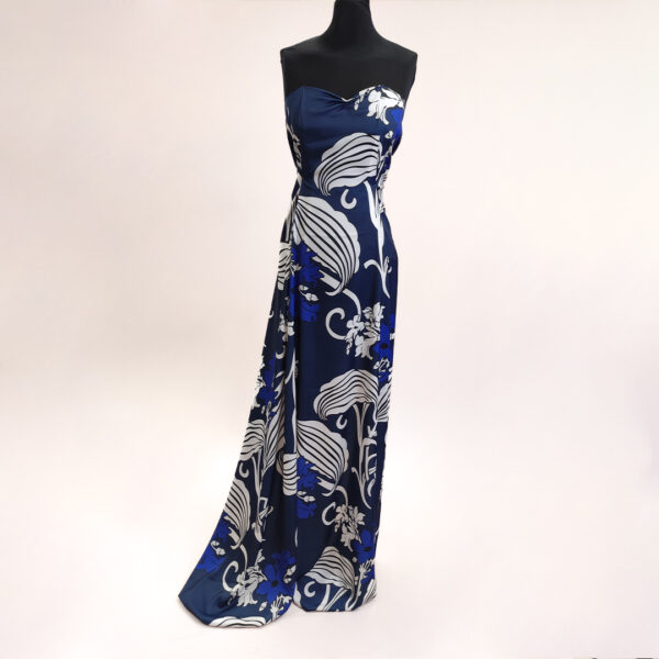 Tessuto Satin a fantasia motivo floreale blu navy - bianco