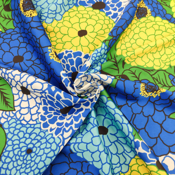 Tessuto Satin elasticizzato a fantasia motivo floreale blu elettrico - giallo - verde