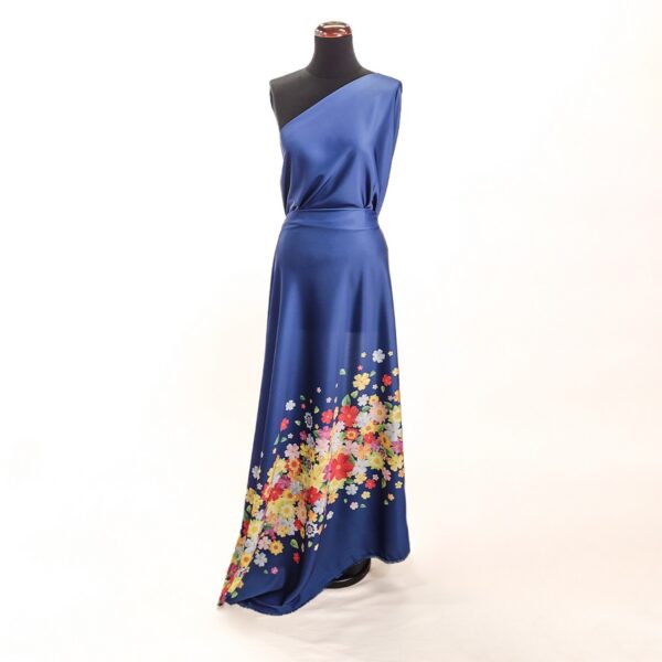 Tessuto Satin a fantasia motivo floreale fondo blu medio