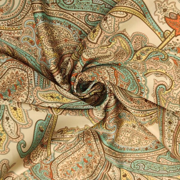 Tessuto Satin a fantasia motivo floreale cashmere marrone - tiffany - beige - giallo