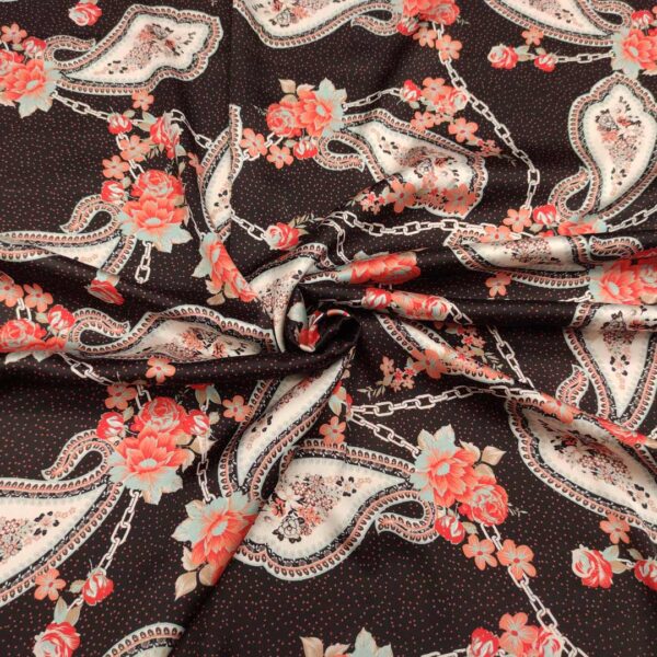 Tessuto Satin a fantasia motivo floreale cahmere nero - panna - arancione - tiffany