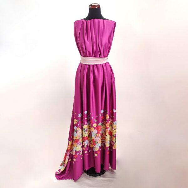 Tessuto Satin a fantasia motivo floreale fondo fucsia