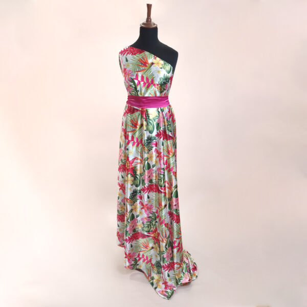 Tessuto Satin a fantasia motivo floreale bianco - fucsia - verde - arancione