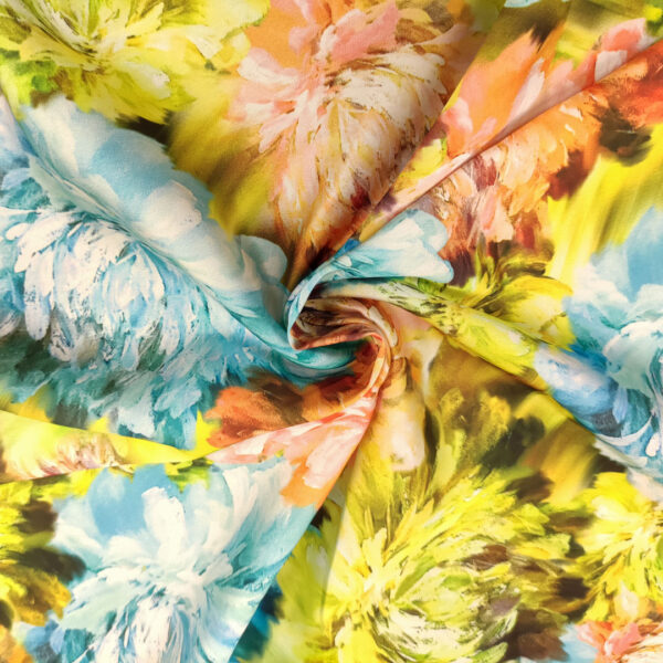 Tessuto Satin a fantasia motivo floreale mela  - acquamarina - arancione